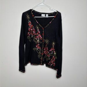 Kim Rogers Festive Holiday Cardigan Black Gold Knit Sequins Sweater Small BNC12
